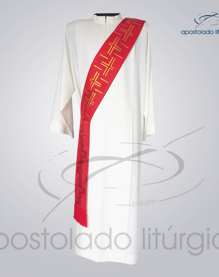Estola Diaconal Brocado Cruz Caminho 2 Vermelha Frente | Apostolado Litúrgico Brasil
