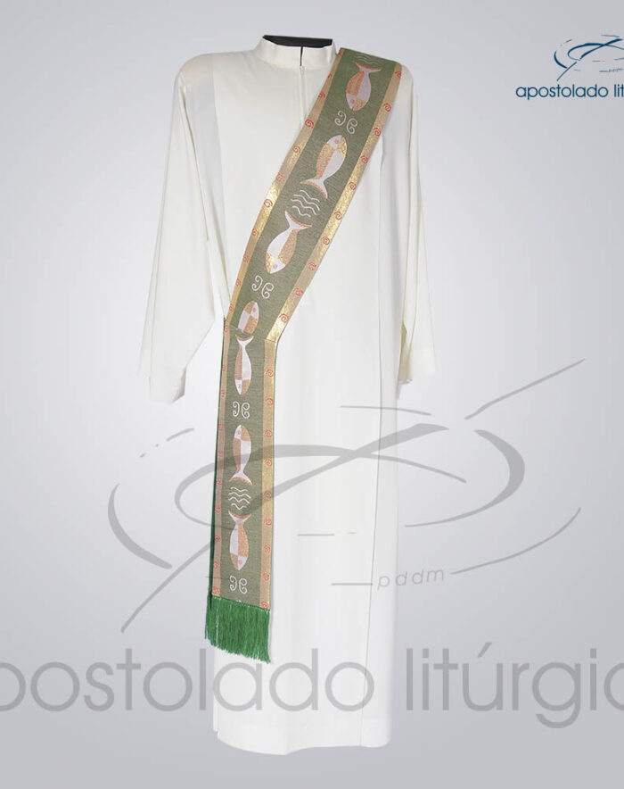 Estola Diaconal Brocado Peixe Verde Frente | Apostolado Litúrgico Brasil