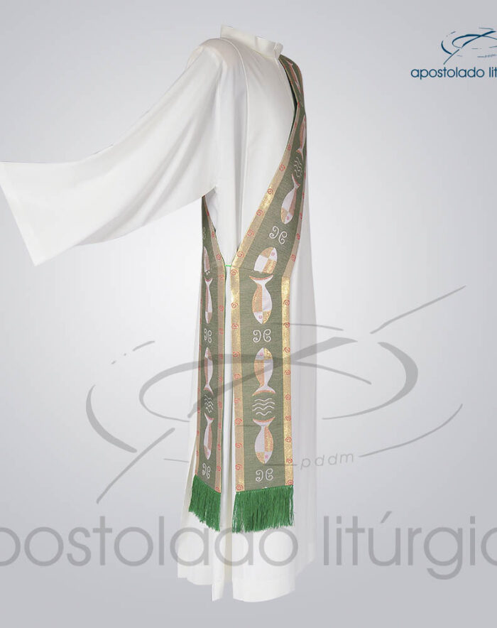 Estola Diaconal Brocado Peixe Verde Lateral | Apostolado Litúrgico Brasil