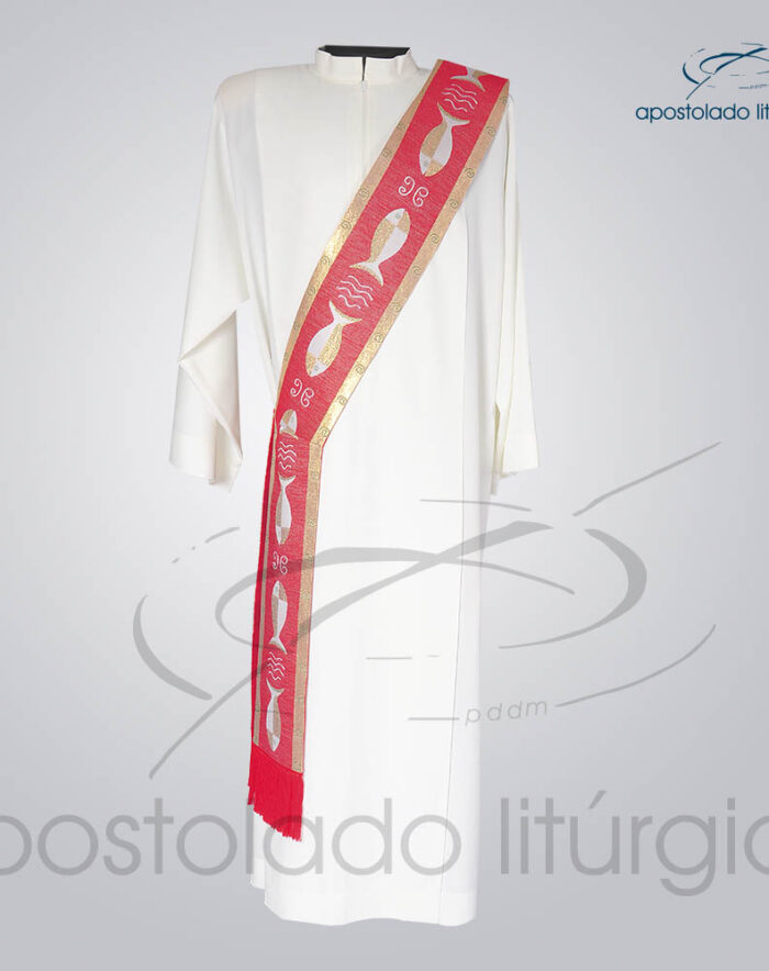 Estola Diaconal Brocado Peixe Vermelha Frente | Apostolado Litúrgico Brasil