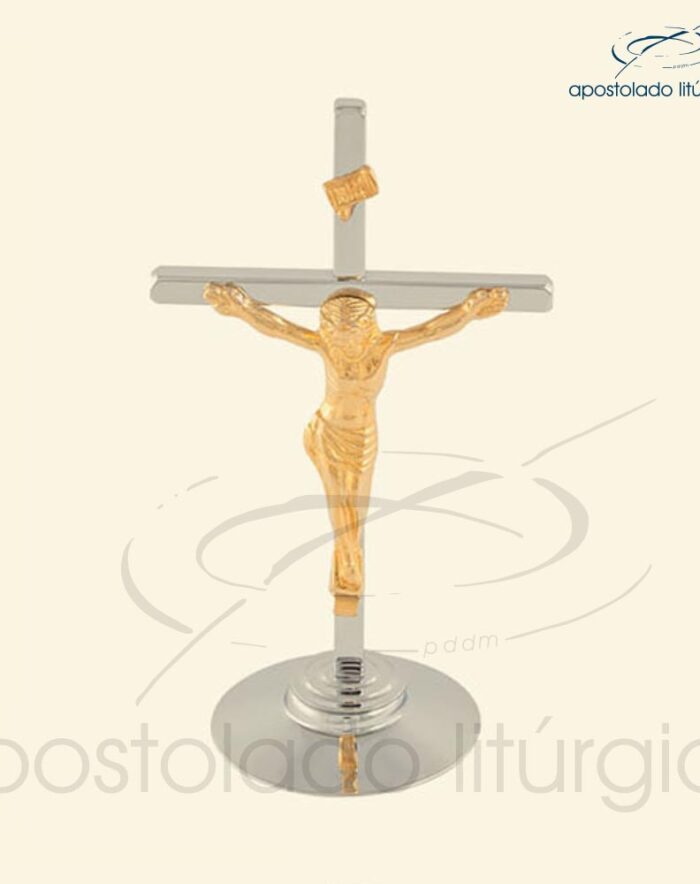 Crucifixo de Mesa Cruz Cromo e Cristo+Inri Dourado