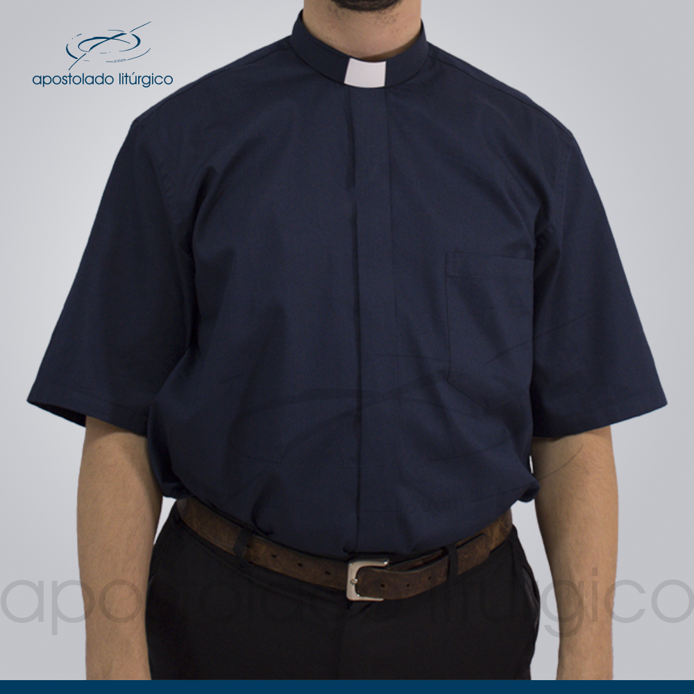 Camisa Fustão Gola Clerical Manga Longa Azul Escuro